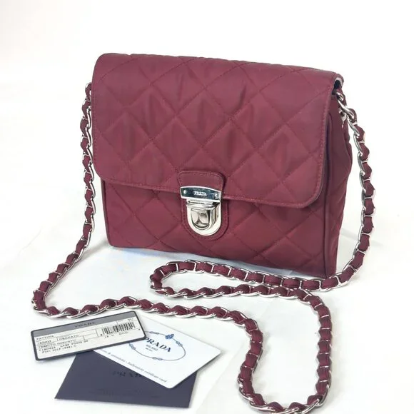PRADA Impuntu Tessuto Quilted Nylon Chain Crossbody Bag Granato Shoulder Bag - Picture 15 of 16